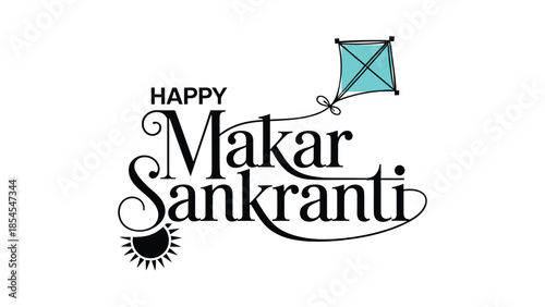 Happy makar sankranti hand lettering typography with kite and sun minimalist festive illustration for indian harvest festival celebration design