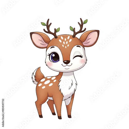 Cute cartoon deer fawn winking, adorable forest animal character with leaves on antlers, friendly mascot isolated on white background