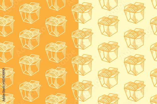 Asian noodle box engraving seamless pattern on yellow beige background set for restaurant. Pad Thai to hatching pattern background. Chinese noodle container line art illustration motif wallpaper