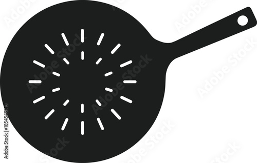 Black silhouette of a round kitchen strainer with radiating lines and a handle