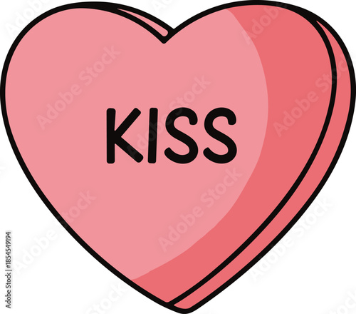 Pink candy heart with the word kiss in black letters
