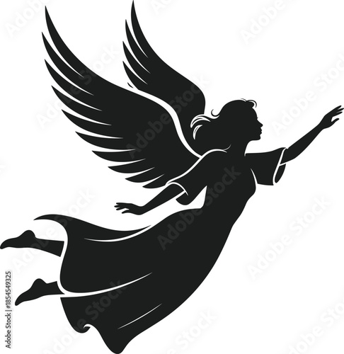 Black silhouette of a winged angel in a flowing dress reaching upwards vector wings