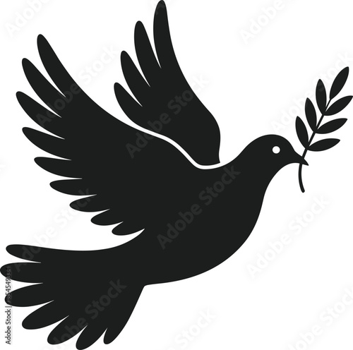 Black silhouette of a dove bird flying with a green olive branch in its beak on a white background flight