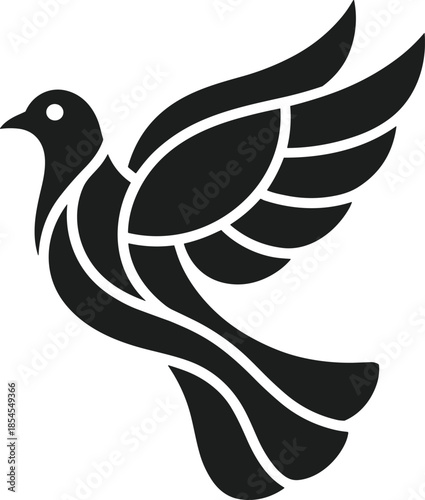 Black silhouette of a dove of peace in flight with stylized wings and tail feathers on a white background