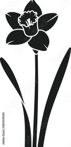 Black silhouette vector of a single daffodil flower with three leaves graphic
