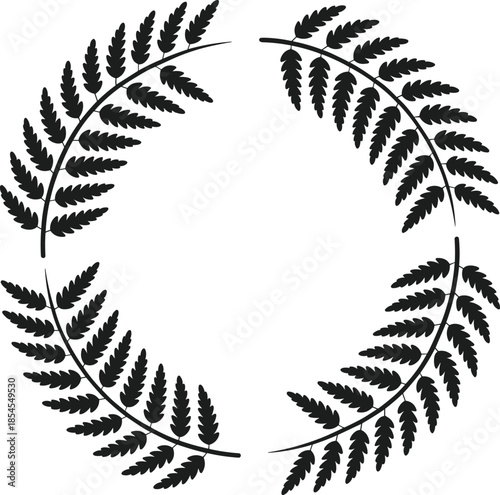 Black fern leaf wreath silhouette vector on white background