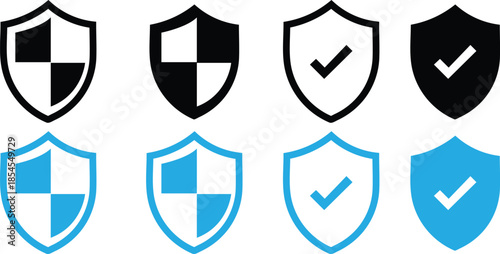 Tick shield icon set showing checkmark and protection symbols, security and verification vector signs for safety, privacy and trusted system concepts