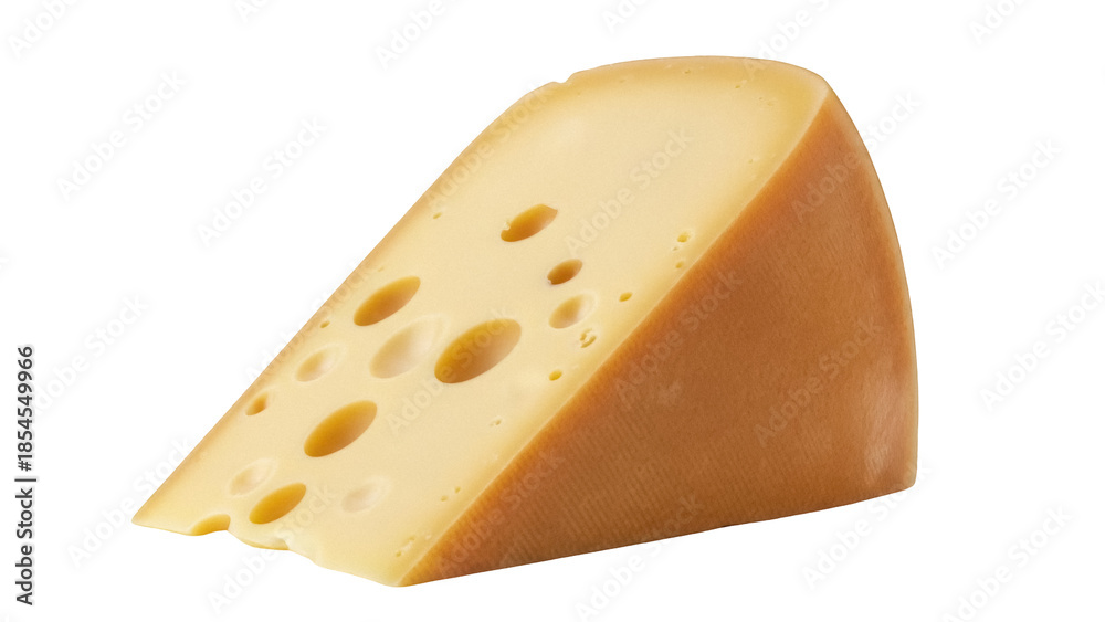 Obraz premium Wedge of Swiss cheese isolated PNG, yellow dairy product with holes on transparent background, gourmet food for cooking and healthy eating