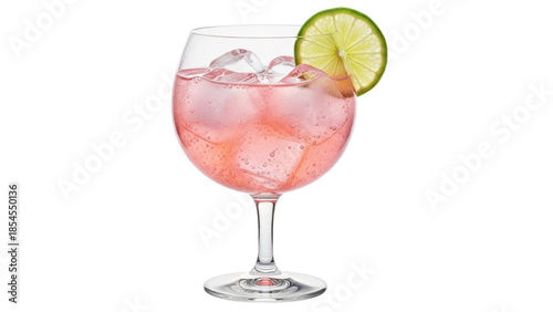 Pink gin and tonic with lime isolated PNG, refreshing cocktail drink with ice cubes on transparent background for summer party