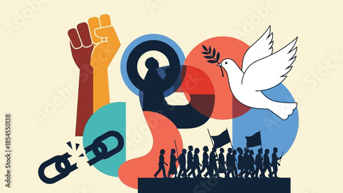 Symbolic Representation of Human Rights, Freedom, and Peace Movement with Protesters and Dove of Peace