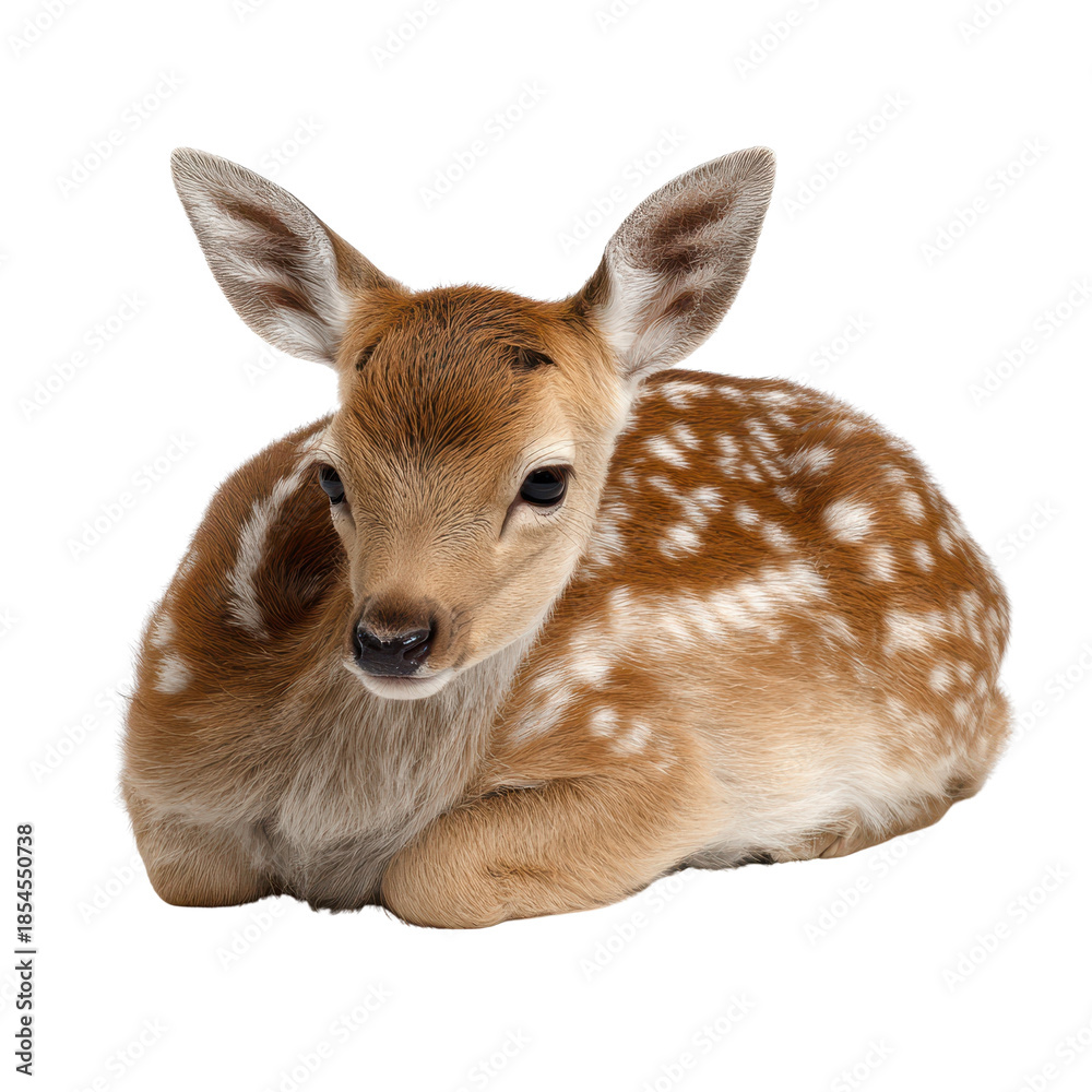 Fototapeta premium Baby deer laying down isolated on transparent background.
