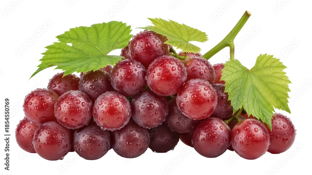 Obraz premium Fresh red grapes with water droplets isolated PNG, juicy fruit on transparent background for healthy eating and product design