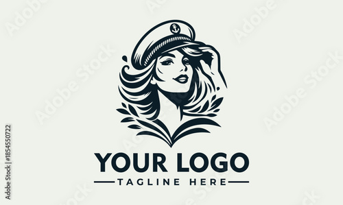 Vector logo design featuring a stylish woman wearing a sailor hat with a customizable tagline on a clean background.