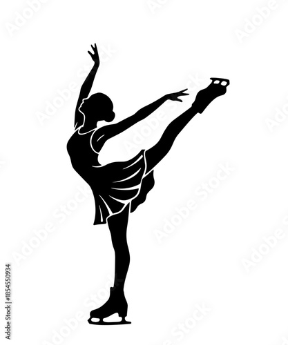 Elegant black silhouette of female figure skater in graceful arabesque pose. Clean vector illustration perfect for sports design, ice skating logos, winter graphics.
