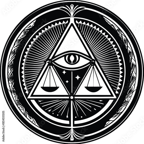 All Seeing Eye Triangle Scales and Celestial Stars Emblem Black and White eye of providence
