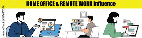Remote work communication with video calls and chat interfaces on laptops home office