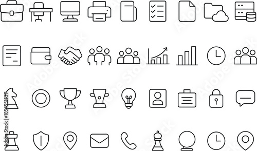 Business and Office Iconography with Chess Pieces, Lightbulb, and Security Symbols