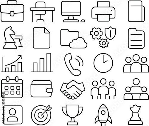 Business and Office Icons Set Featuring Chess Pieces, Graphs, and People briefcase