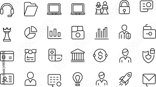 Business and Technology Icons Including Headphones, Folders, and Graphs laptop chess queen