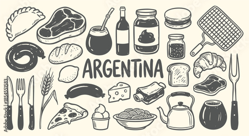 Argentina Icon Set. Argentine Food. A hand drawn vector collection of asado meat, empanadas, mate tea, wine and traditional items for a travel guide, steakhouse menu, and south american culture.