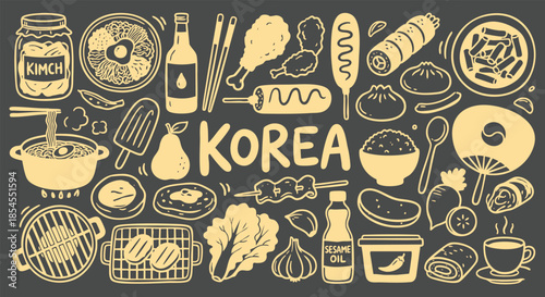 Korea Icon Set. Korean Cuisine. A hand drawn vector collection of kimchi, bibimbap, ramen, street food and traditional items for a restaurant menu, travel brochure, and asian culture.