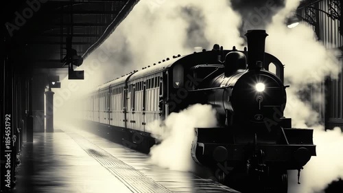 A steam train pulls into the station shrouded in mist, creating an old fashioned travel experience in the early morning light