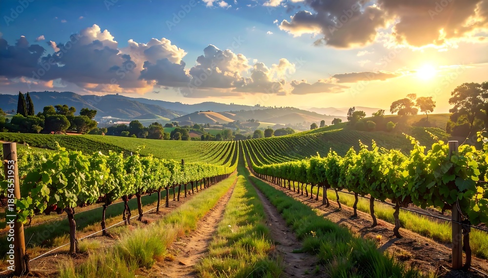 Fototapeta premium Rolling vineyard landscape at sunset with dramatic clouds and golden light