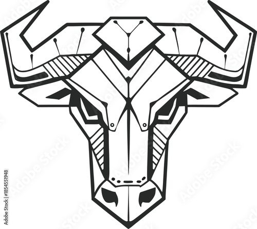 Geometric Bull Head Outline with Tribal Patterns and Horns animal