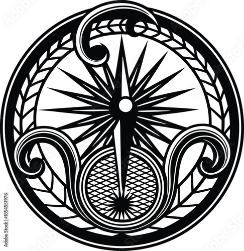 Intricate Black and White Compass Rose Emblem with Decorative Border symbol navigation