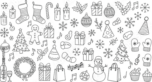 Christmas icons black and white line art, festive elements, holiday symbols, winter theme, detailed sketch, flat vector illustration