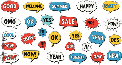 Comic speech bubble collection with colorful words, expressions, bursts, playful typography, pop art style – flat vector illustration