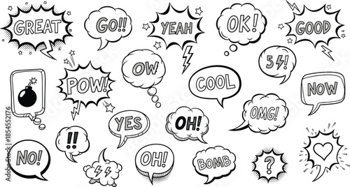 Comic speech bubbles and symbols, bold black and white style, expressive typography, graphic storytelling elements, flat vector illustration