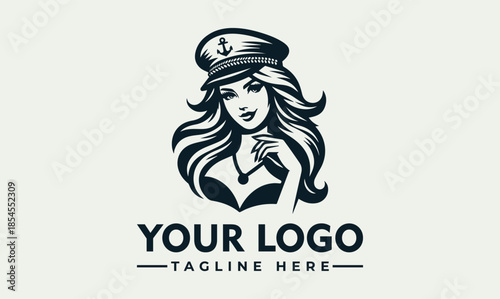 A vector logo illustration of a female sailor with long hair and a thoughtful expression, accompanied by a customizable logo and tagline on a plain background.