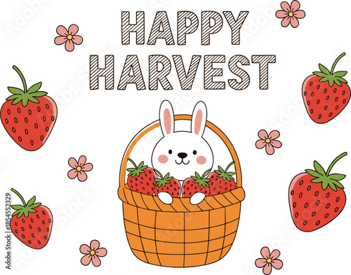 Happy harvest bunny with strawberries, cute rabbit in basket, spring fruit picking, festive garden scene, flat vector illustration