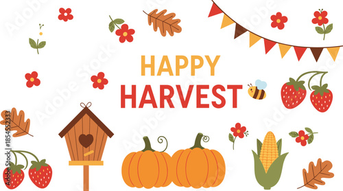 Happy harvest celebration with pumpkins, corn, strawberries, flowers, birdhouse, bee, fall leaves and flags, flat vector illustration
