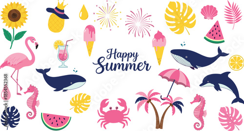 Happy summer illustration with tropical animals, fruits, plants, treats, beach icons, fireworks, joyful vibes – flat vector illustration