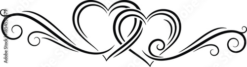 Interlocking hearts with swirling flourishes, romantic black and white design, elegant love symbol, decorative sketch, flat vector illustration