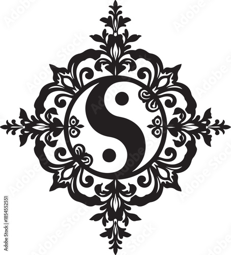 Black Yin Yang symbol with ornate floral border taijitu