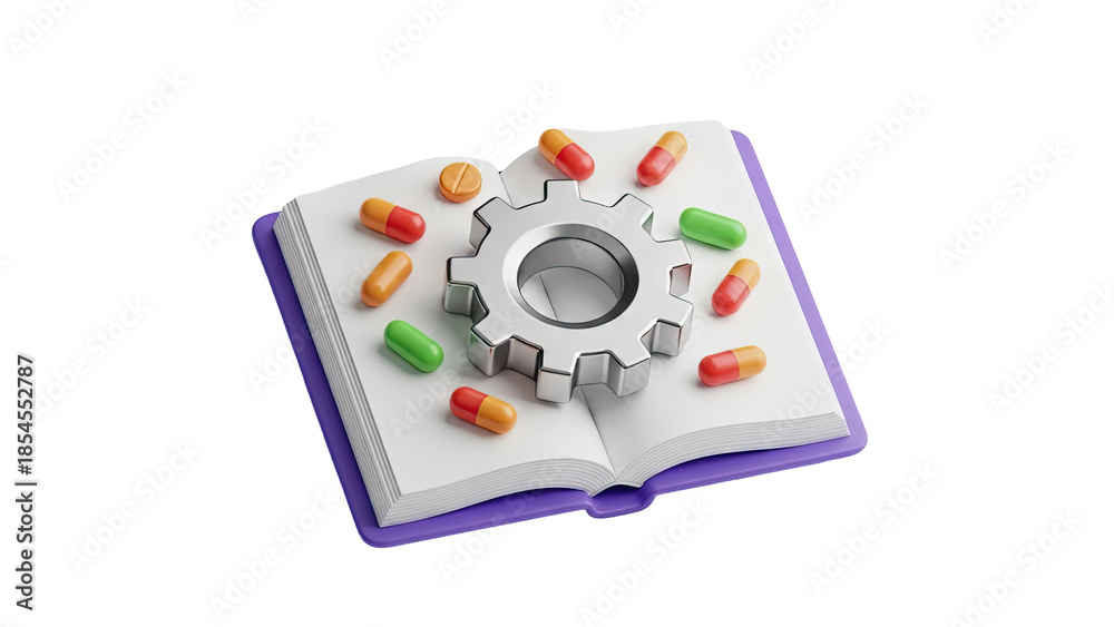 Fototapeta premium 3D Open book with pills and gear illustration on transparent background