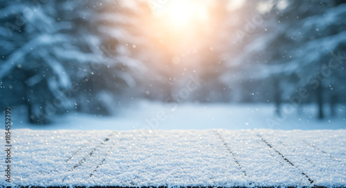 Snow covered wooden platform in a winter forest