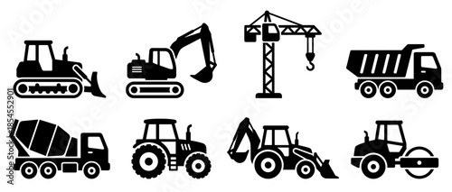 Construction Machinery Icons Set – Heavy Equipment Silhouette Vector Collection