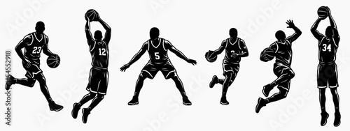 Basketball Player Silhouette Set Showing Dribbling Shooting and Jumping Actions