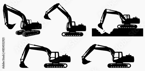 Excavator Silhouette Set Showing Construction Machine in Different Working Positions