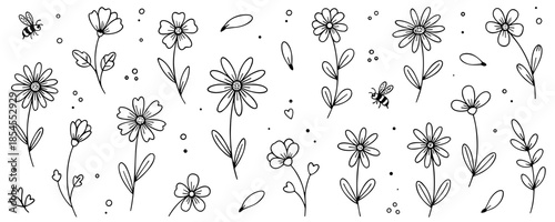 Hand Drawn Floral Doodle Set with Flowers Leaves Bees and Petals