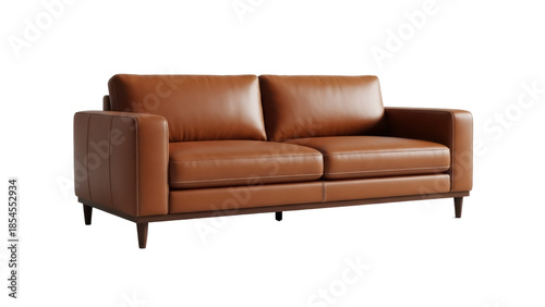 Schilderij op canvas Elegant brown leather two-seater sofa isolated PNG, modern couch for living room