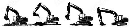 Black Excavator Silhouette Set – Heavy Construction Machinery Vector Illustration
