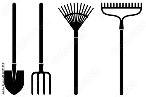 Garden Tool Silhouette Set Featuring Shovel Fork Rake and Lawn Rake