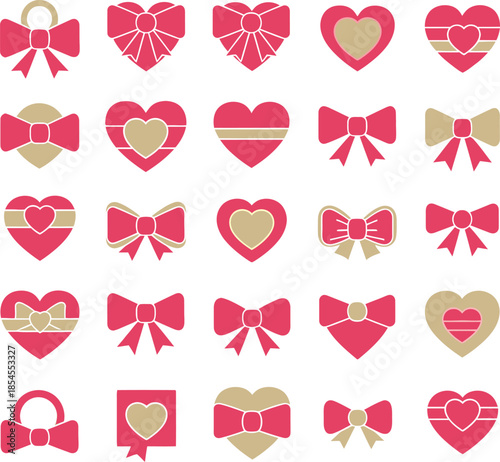 Charming coquette valentine s day heart and bow icon set illustration