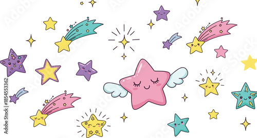 Magical cartoon stars and comets with smiling faces, pink winged star, colorful sparkles, fantasy sky theme, flat vector illustration