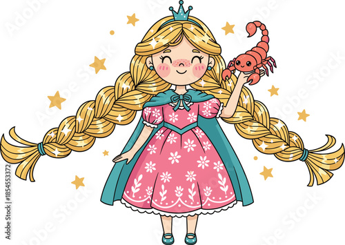 Princess girl with golden braid holding scorpion, zodiac Scorpio theme, stars, fantasy costume – flat vector illustration